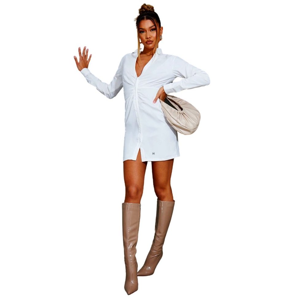 PrettyLittleThing White Ruched Waist Detail Plunge Shirt Dress